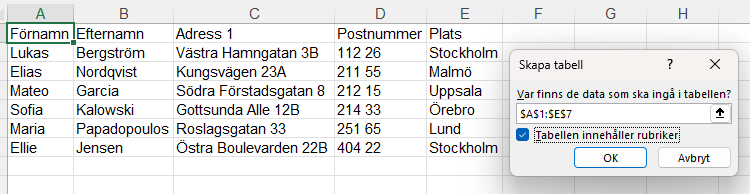 Excel‑tabell med adressuppgifter som konverteras till tabell
